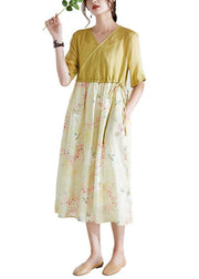Natural Yellow Patchwork Print Summer Ramie Dresses Half Sleeve - bagstylebliss