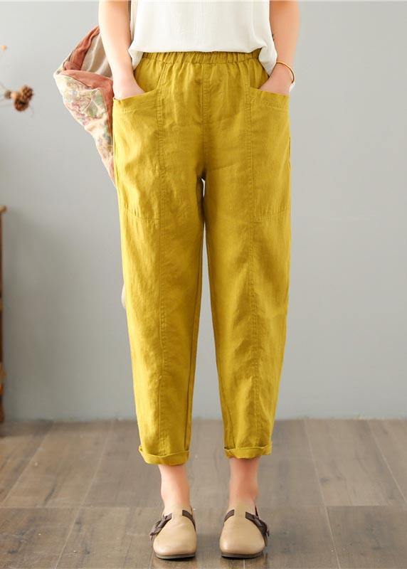 Natural Yellow Pockets Cotton Linen  Pants Summer - bagstylebliss