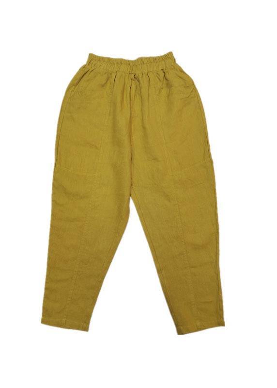 Natural Yellow Pockets Cotton Linen  Pants Summer - bagstylebliss