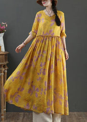 Natural Yellow Print Linen Cinched Summer Dress - bagstylebliss