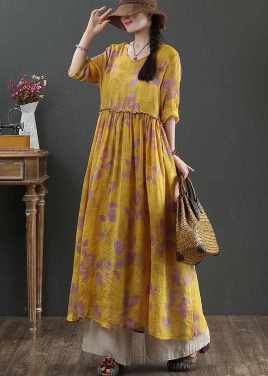 Natural Yellow Print Linen Cinched Summer Dress - bagstylebliss