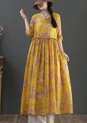 Natural Yellow Print Linen Cinched Summer Dress - bagstylebliss