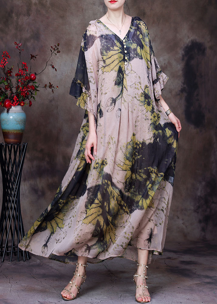 Natural Yellow V Neck Print Chiffon Long Dress And Cotton Spaghetti Strap Dress Women Sets 2 Pieces Half Sleeve