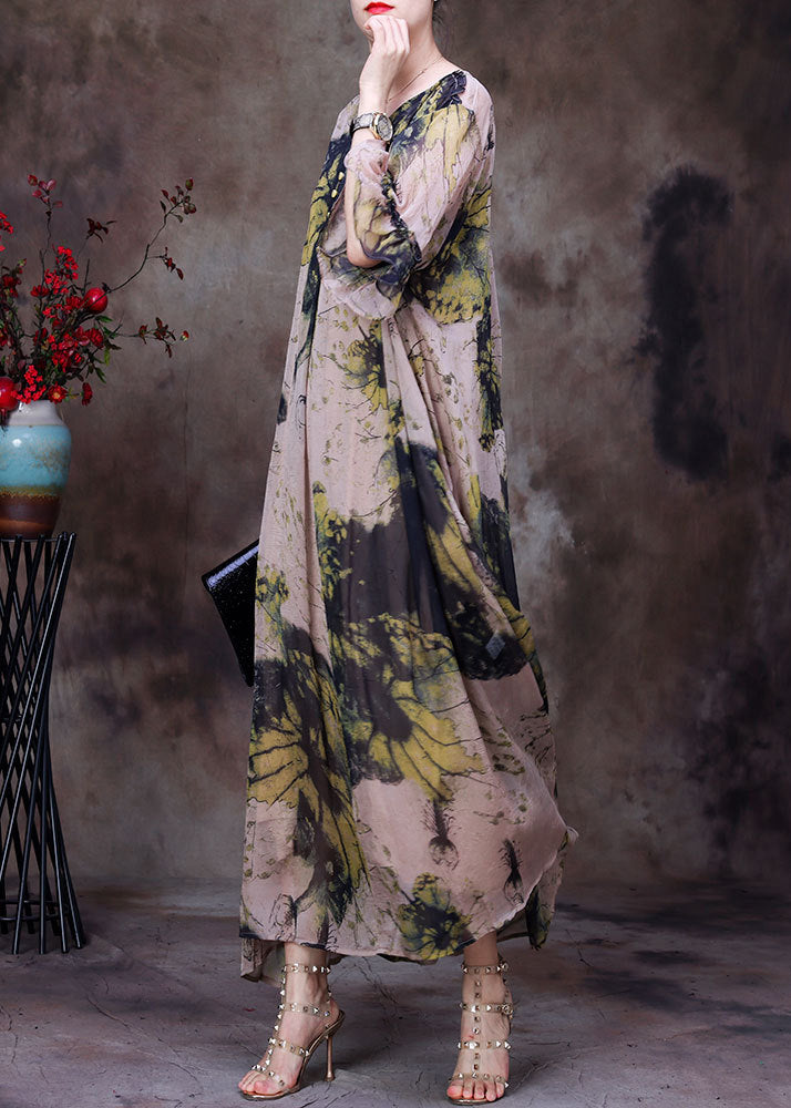 Natural Yellow V Neck Print Chiffon Long Dress And Cotton Spaghetti Strap Dress Women Sets 2 Pieces Half Sleeve