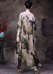 Natural Yellow V Neck Print Chiffon Long Dress And Cotton Spaghetti Strap Dress Women Sets 2 Pieces Half Sleeve