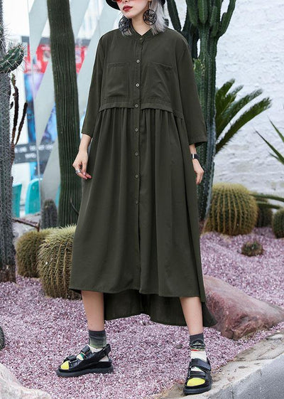 Natural army green chiffon dresses side open Traveling fall shirt Dress - bagstylebliss