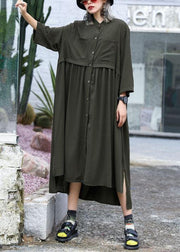 Natural army green chiffon dresses side open Traveling fall shirt Dress - bagstylebliss