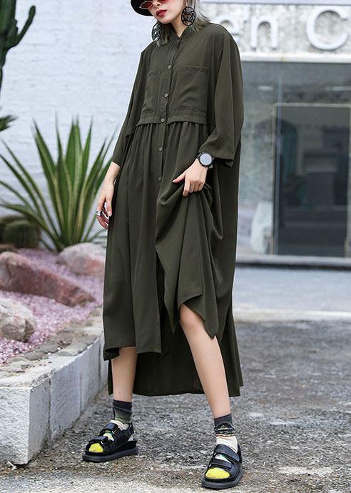 Natural army green chiffon dresses side open Traveling fall shirt Dress - bagstylebliss