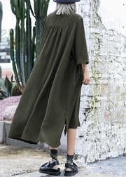 Natural army green chiffon dresses side open Traveling fall shirt Dress - bagstylebliss