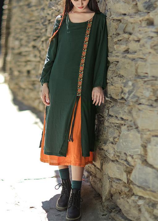 Natural asymmetric false two pieces linen quilting clothes Work blackish green embroidery Dress summer - bagstylebliss