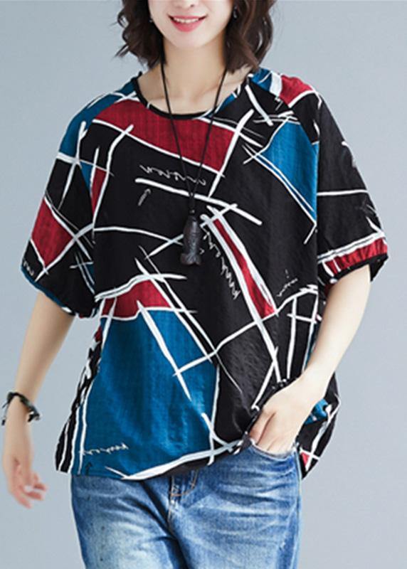 Natural asymmetric prints cotton tunics for women o neck oversized summer blouse - bagstylebliss