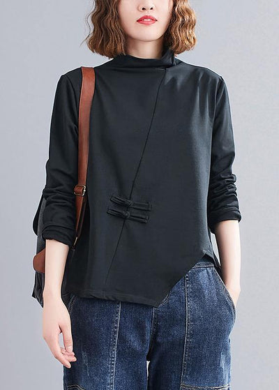 Natural black Blouse high neck Chinese Button Knee tops - bagstylebliss