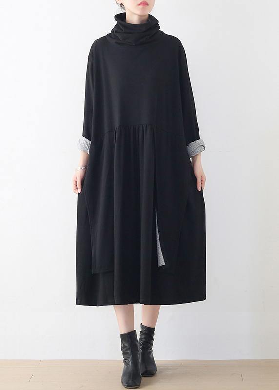 Natural black clothes high neck asymmetric robes Dress - bagstylebliss
