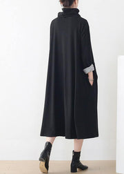 Natural black clothes high neck asymmetric robes Dress - bagstylebliss