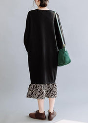 Natural black dresses o neck asymmetric false two pieces Dresses fall Dress - bagstylebliss