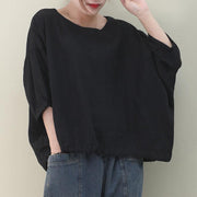 Natural black linen linen women blouses o neck lantern sleeve oversized blouse - bagstylebliss