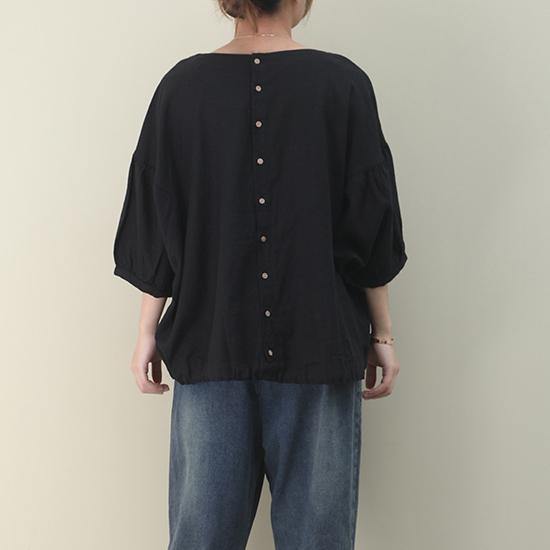 Natural black linen linen women blouses o neck lantern sleeve oversized blouse - bagstylebliss
