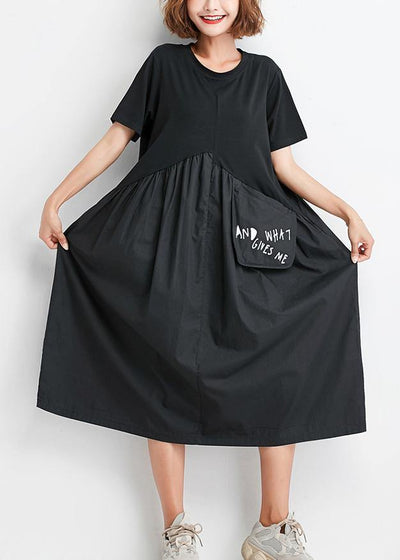 Natural black patchwork Cotton clothes Women big pockets oversized summer Dress - bagstylebliss