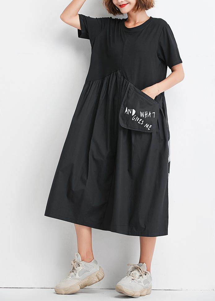 Natural black patchwork Cotton clothes Women big pockets oversized summer Dress - bagstylebliss