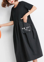 Natural black patchwork Cotton clothes Women big pockets oversized summer Dress - bagstylebliss