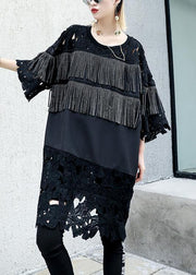 Natural black patchwork Cotton dresses tassel A Line summer Dresses - bagstylebliss