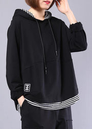 Natural black patchwork cotton clothes hooded false two pieces daily autumn tops - bagstylebliss