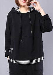 Natural black patchwork cotton clothes hooded false two pieces daily autumn tops - bagstylebliss