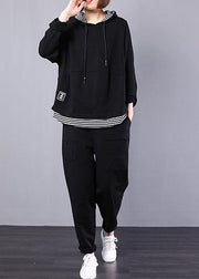 Natural black patchwork cotton clothes hooded false two pieces daily autumn tops - bagstylebliss