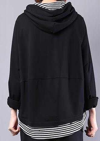 Natural black patchwork cotton clothes hooded false two pieces daily autumn tops - bagstylebliss