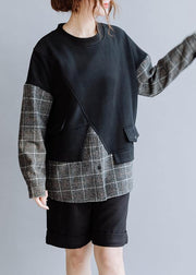 Natural black patchwork plaid Blouse o neck Knee blouses - bagstylebliss