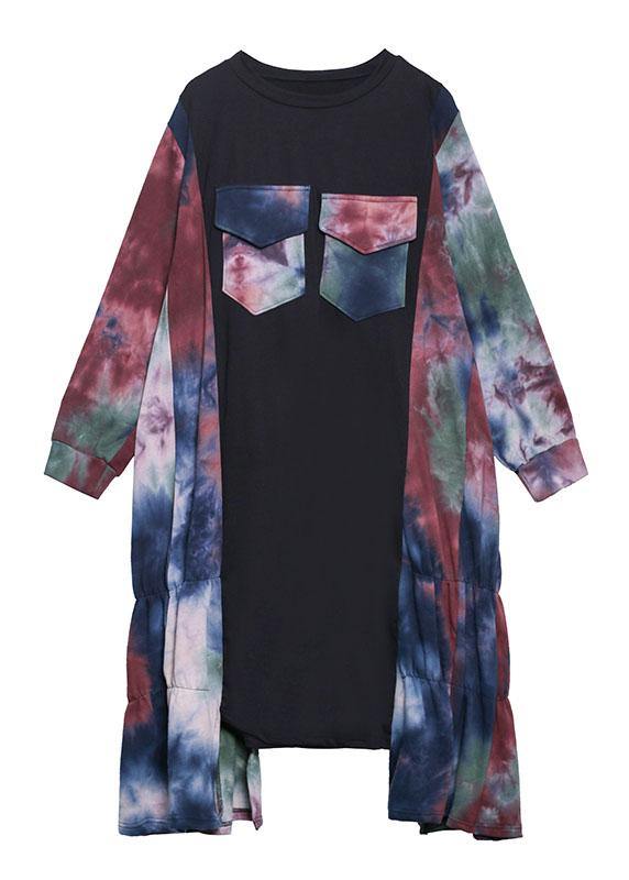 Natural black patchwork print dresses o neck asymmetric Traveling fall Dress - bagstylebliss