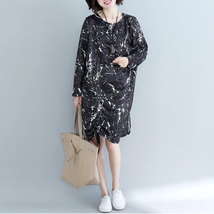 Natural black print Cotton dress 2024 Shape side open baggy Dress