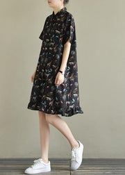 Natural black print chiffon dresses Fitted Shirts lapel short sleeve Kaftan Summer Dresses - bagstylebliss