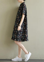 Natural black print chiffon dresses Fitted Shirts lapel short sleeve Kaftan Summer Dresses - bagstylebliss