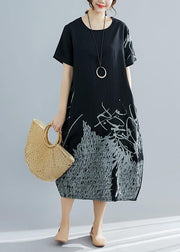 Natural black print cotton clothes For Women plus size Shape o neck Dresses Summer Dress - bagstylebliss
