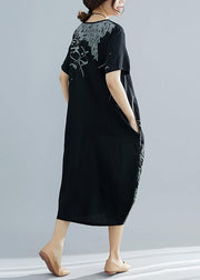 Natural black print cotton clothes For Women plus size Shape o neck Dresses Summer Dress - bagstylebliss