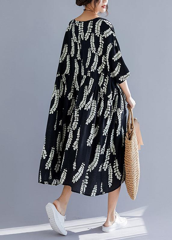 Natural black prints cotton Tunics v neck A Line summer Dresses - bagstylebliss