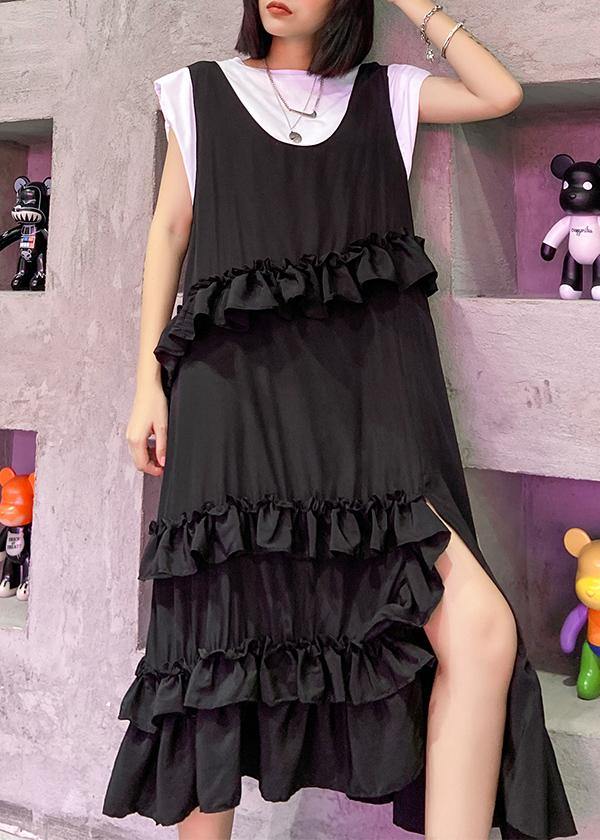 Natural black sleeveless cotton quilting dresses ruffles Art summer side open Dress - bagstylebliss