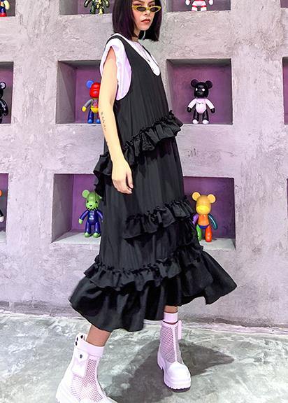 Natural black sleeveless cotton quilting dresses ruffles Art summer side open Dress - bagstylebliss