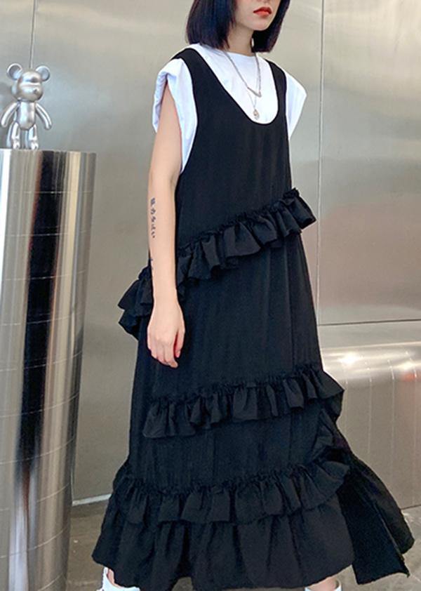 Natural black sleeveless cotton quilting dresses ruffles Art summer side open Dress - bagstylebliss