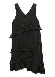 Natural black sleeveless cotton quilting dresses ruffles Art summer side open Dress - bagstylebliss