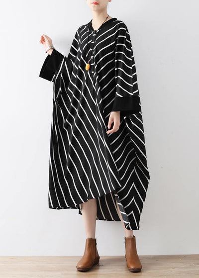 Natural black striped tunics for women v neck asymmetric loose Dress - bagstylebliss