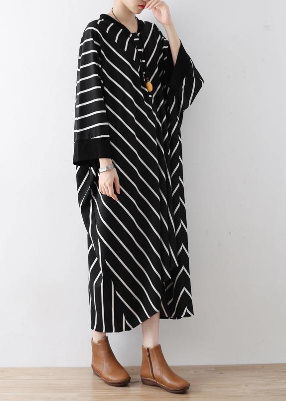 Natural black striped tunics for women v neck asymmetric loose Dress - bagstylebliss