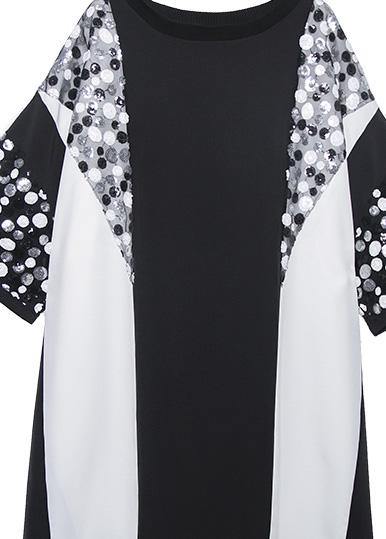 Natural black white patchwork cotton clothes Sequined Plus Size Clothing summer tops - bagstylebliss