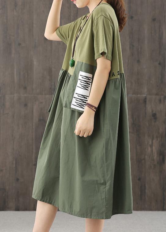 Natural blackish green dress o neck patchwork Dress - bagstylebliss