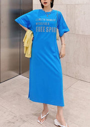 Natural blue Letter clothes Women o neck side open long Dress - bagstylebliss