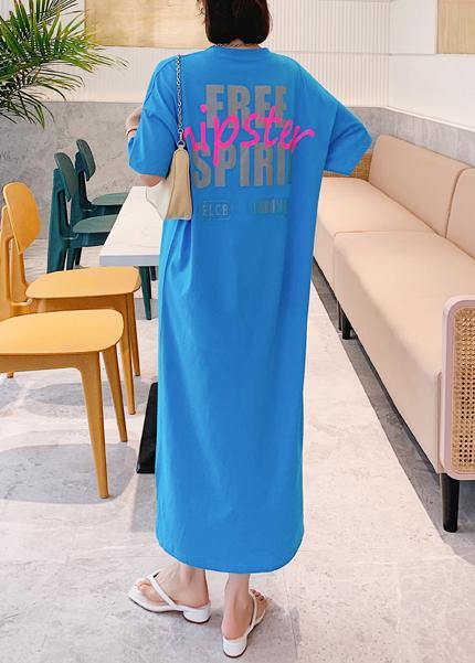 Natural blue Letter clothes Women o neck side open long Dress - bagstylebliss