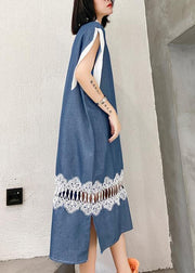 Natural blue cotton Wardrobes lapel patchwork lace Maxi Dresses - bagstylebliss