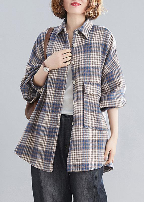 Natural blue plaid linen Blouse Fashion Ideas lapel Batwing Sleeve tops - bagstylebliss