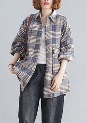 Natural blue plaid linen Blouse Fashion Ideas lapel Batwing Sleeve tops - bagstylebliss